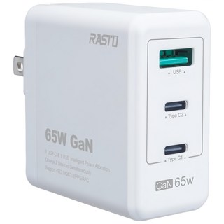 RASTO 65W GaN氮化鎵 PD + QC3.0三孔高效能快速充電器, RB28, 白色, 1個