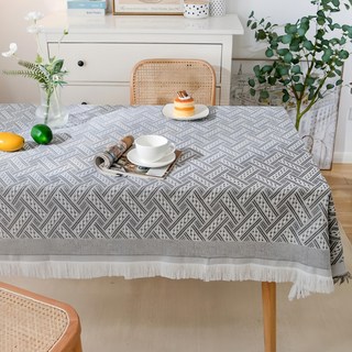 Couselect 北歐ins風編織棉紗流蘇桌布 T形格, 230 x 130cm, 淺灰色, 1條