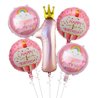 1歲鋁質氣球 26寸數字I鋁膜氣球 1個+18寸生日鋁膜氣球 4個+10米白色絲帶 1條+塑膠吸管 1支, 粉色, 1組