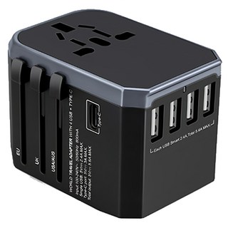 anra Type-C + 4USB 旅行轉接頭, 1600W高承載電量，適用於220多個國家孔座，8孔防觸電插座, 1個