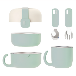 MOTHER-K Hug 外出豪華不鏽鋼餐具 -薄荷冰綠, 1組, 蓋子 + 小碗 + 大碗 + 杯子 + 湯匙 + 叉子 + 固定帶