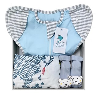 Kori Deer 可莉鹿 嬰兒禮盒組 彈力棉質嬰兒蝴蝶型包巾 + 寶寶襪 + 紗布包巾 L 開袖, 淺藍, 1組