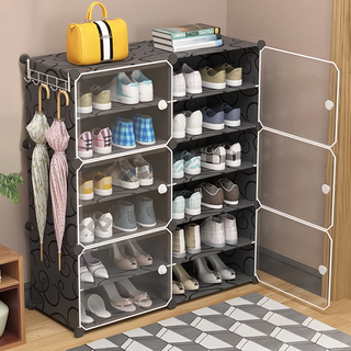多功能側開式2列6層內隔2層組合鞋櫃 頂部可拆置物隔板, 黑色, 1個