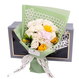 香皂花禮盒 19朵 玫瑰13朵 + 康乃馨5朵 + 绣球 + 小卡 300g, 奶白色, 1盒