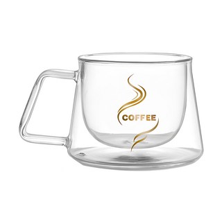 明尚德 時尚隔熱把手雙層咖啡杯, 高硼硅無鉛玻璃, 耐冷耐熱不炸裂, 雙層玻璃設計, 熱飲不燙手, 杯身金色創意印花, 圓潤飽滿, 200ml, 1個