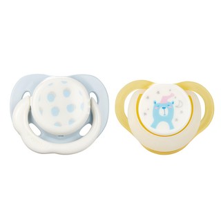Combi 康貝 日+夜用安撫奶嘴組, 小兒齒科醫生監製, 符合亞洲寶寶口腔尺寸, 奶嘴內部可清洗, 0歲以上, 圓點藍 + 夜夢熊黃, 1組