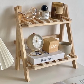 快豹生活 韓式韓風ins實木桌面雙層置物架 桌面收納好幫手, 原木色 咖色, 1個