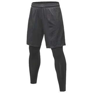 葉子小舖 男款假兩件運動褲 - 超彈性透氣布料，速乾排汗, XL, 黑色