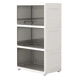 無印簡約55面寬透明可視翻蓋三層收納櫃, 大容量, 簡易組裝, 底部滑輪, 透黑款, 1個