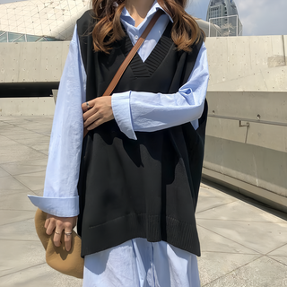 M833寬鬆長版大V領針織背心 韓版落肩, 胸圍67cm 衣長64~70cm 肩寬35cm, 黑