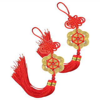 馥瑰馨盛 居家平安六帝錢 Set 2個, 總長30CM 銅幣直徑約2.3CM, 紅色