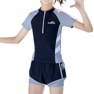 女童短袖分體拉鍊泳衣+泳褲, 運動風時尚, L, 黑色