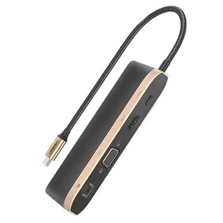 綠聯UGREEN 九合一USB-C集線器 4K HDMI VGA USB3.0 SD TF PD充電 GigaLAN網路卡, 黑色 + 金色, 1個