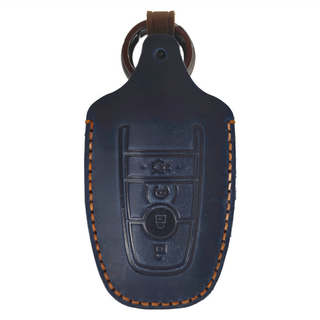 LIKEHOUSE 頭層牛皮手工製作遙控鑰匙套 福特專用 4鍵/3鍵, 總高14.4cm, 瘋馬藍