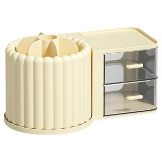 Mass生活好物 多功能360度旋轉收納盒, 奶油黃, 桌面收納好幫手, 1個
