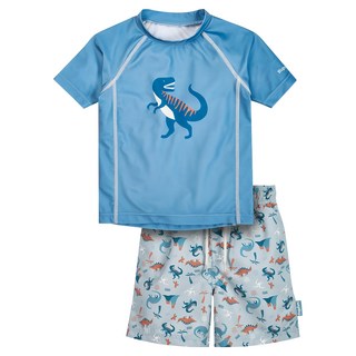 Playshoes 抗uv防曬短袖兩件組兒童泳裝配海灘褲-恐龍, 1入, 藍色, 86/92