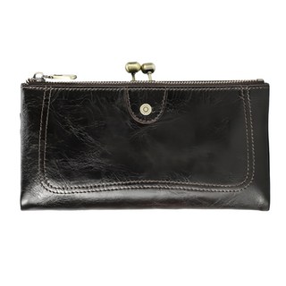 RFID真皮頭層牛皮10卡位雙零錢袋女士口金包皮夾錢包長夾女夾 油蠟牛皮 防盜刷夾, 10 x 3 x 19cm, 黑色