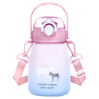 KU.KU Duckbill 酷咕鴨 彈蓋提把胖胖水壺 600ml, TRITAN材質, BPA Free, 耐摔耐磨, 粉彩斑馬, 1個