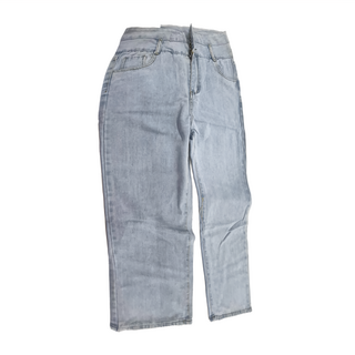 復古高腰三排釦顯瘦直筒丹寧寬褲, XL, 淺藍