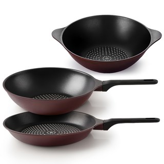Kitchen-Art 平底鍋具3件組, 平底鍋28cm + 深型平底鍋28cm + 大炒鍋28cm, 酒紅色, 1組