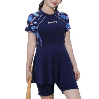 女款大尺碼保守連體泳裙套裝, XXL, 藏青色