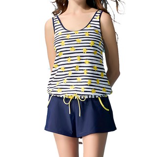 Summer love 夏之戀 大女條紋星星連身褲二件式泳衣 (附活動式罩杯), 藍色 + 白色 + 黃色