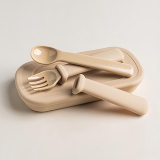 hegen 成長餐桌兒童學習餐具 多功能叉匙組, 盒子 + 湯匙 + 叉子, 霧褐色, 1組