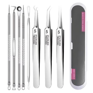 蕉蕉購物 超尖極細不鏽鋼黑頭粉刺夾8件組, 1組, 銀色