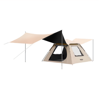 遠方人 全自動帶天幕速開黑膠帳篷 附防潮墊 帳篷展開200 x 200 x 140cm, 卡其色, 3-4人