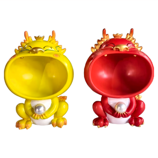 2024年龍年擺件吉祥物 大嘴祥雲龍儲物罐 樹脂材質, 紅色 + 黃色, 1組