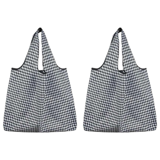 FIFIOO 超質感厚實環保購物袋 38x40公分 大容量 可折疊收納 黑白千鳥格, 2個