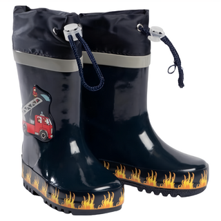 Playshoes 天然橡膠中筒束口式 兒童雨靴, 消防車 黑色, 24/25