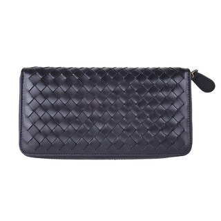 羊皮手工編織拉鍊小長夾女夾 黑色 8卡片位 1隔層袋, 17.6 x 2.3 x 9.2cm