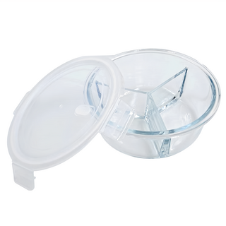 圓形三格玻璃保鮮盒/便當盒, 高硼硅耐熱玻璃材質, 適用於微波爐/烤箱/電鍋, 密封防漏, CHL1258, 1個