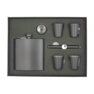 酒壺禮盒組 6oz七件組 不鏽鋼皮革, 極簡黑 275g, 1組