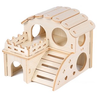 Lanboer 倉鼠快樂雙層木屋 實木色 雙層設計, 1組
