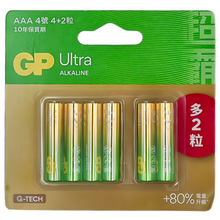 GP Batteries 超霸 Ultra 鹼性電池4號 AAA 電量提升80% 10年保質期, 6個裝, 1組