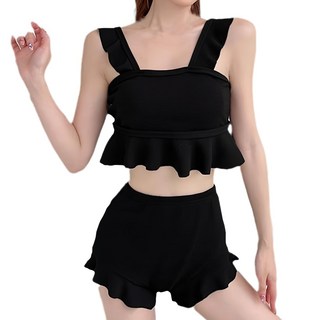 女生荷葉邊泳衣 無袖分體 M/L碼 兩件組, XL, 黑色