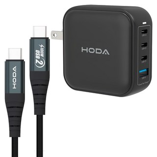 HODA 好貼 GaN氮化鎵100W智慧方型四孔電源供應器 附充電線, 黑色, 1組