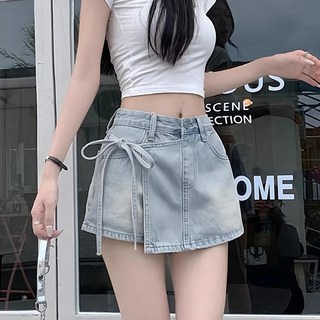 假兩件綁帶A字短褲裙 口袋設計, M, 牛仔