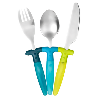 Premier 兒童餐具3件組, 316不鏽鋼, 卡榫相扣方便收納, 專為兒童設計, 湯匙15 x 3.5 x 1.8cm + 叉子16 x 3.2 x 1cm + 餐刀17 x 3.2 x 1cm, 藍綠色, 1組