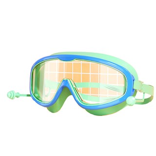 葉子小舖 兒童泳鏡 自帶耳塞 藍綠色 舒適防霧 游泳必備, 1個, 兒童