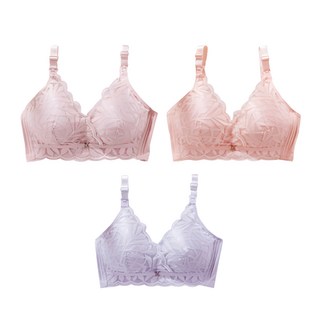 香草甜心 下掀式蕾絲透氣棉質裸感襯墊哺乳內衣3件組-方便哺乳 單手解扣 親膚, 42, 藍色 + 粉色 + 橘粉色