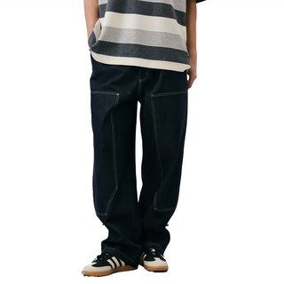 BOHRHOO 男款 伐木烤克邊牛仔褲 防褪色丹寧面料, S, 深藍