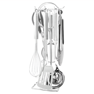 bella cuisine 經典不鏽鋼料理廚具組7件套裝, 鍋鏟+湯勺+打蛋器+雙耳過篩器+料理剪刀+料理夾+可旋轉用具架, 銀色, 1組