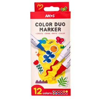 AMOS 阿摩司 可水洗彩色筆 軟硬雙頭 COLOR DUO MARKER, 12色, 1盒