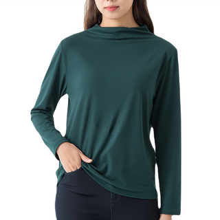 CARET 女款素色半高領長袖T恤, 柔軟舒適易拉伸, 均碼, 深綠