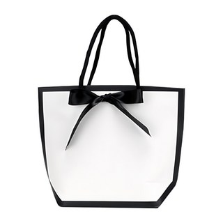 indi.k 手提紙袋 附黑色緞帶 10入組 黑色蝴蝶結裝飾購物袋, L(28 x 20 x 9cm), 白底黑邊, 1組