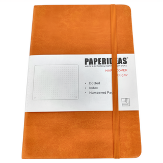 PAPERIDEAS A5 硬皮 筆記本 點陣 188頁編號頁面 目錄 擴展口袋 2頁標記 彈性封閉帶 裝訂書 100gsm無酸紙, 橙色, 1本