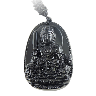 喜緣玉品 十二生肖守護神黑曜石玉珮 八大守護神, 附掛繩 可調整長度, 文殊菩薩, 1個